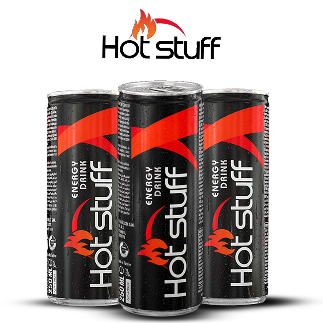 Hot Stuff 250ml energy drink cans in black and red packaging displayed with the Hot Stuff logo.